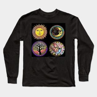 4 Tattoo Symbols Sun,Moon,Tree and Bluebird Long Sleeve T-Shirt